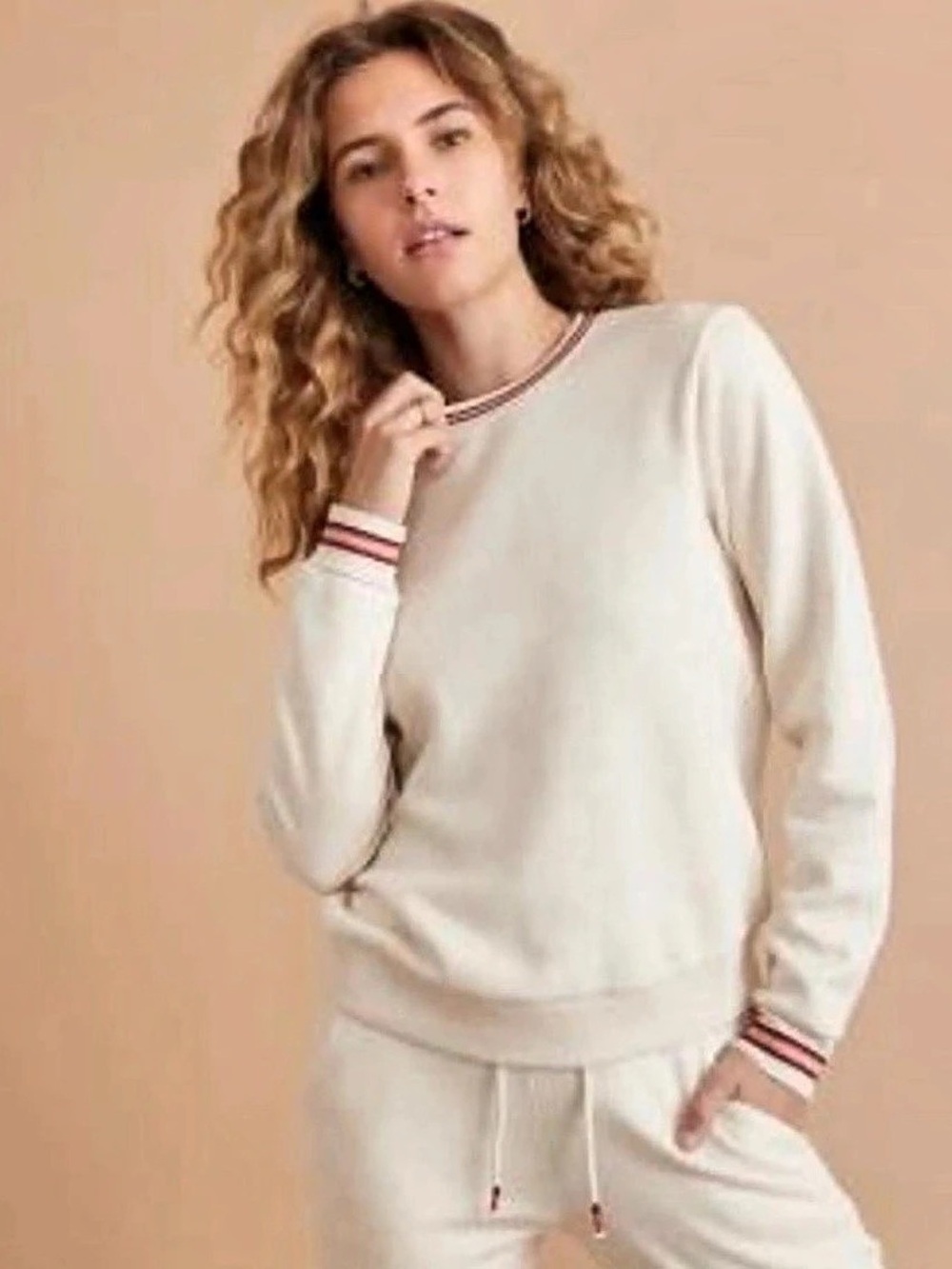 Marine Layer striped retro cotton blend pullover oatmeal sweatshirt medium